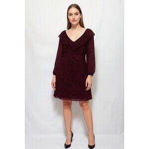 Michael Kors Women’s Ruffle V-Neck Dress Red Black Animal Print Long Sleeve M